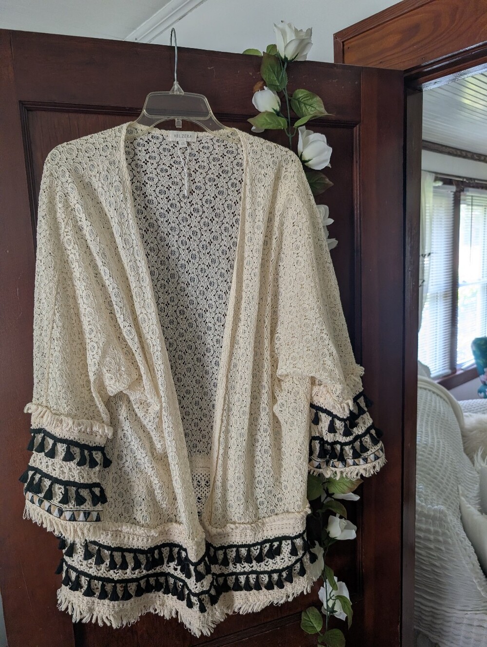 Velzera Cream Crochet Open Cardigan with Black Tassel Trim